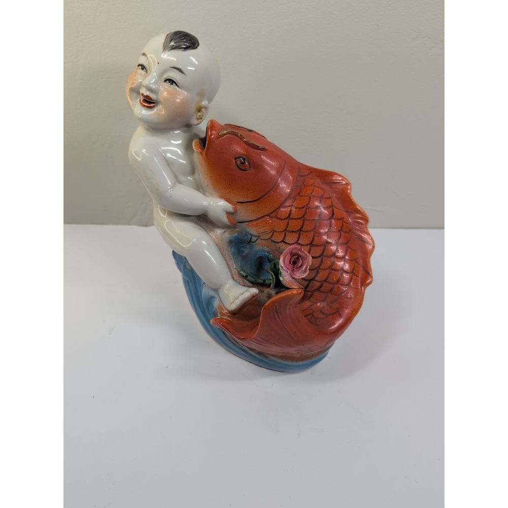 Chinese Lucky Child Riding‎ Koi Fish Pair Figurine Porcelain Hand Painted